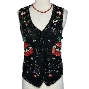 Vintage Rosanna M Ornate Christmas Knit Vest Art to Wear Sequins Beaded Party